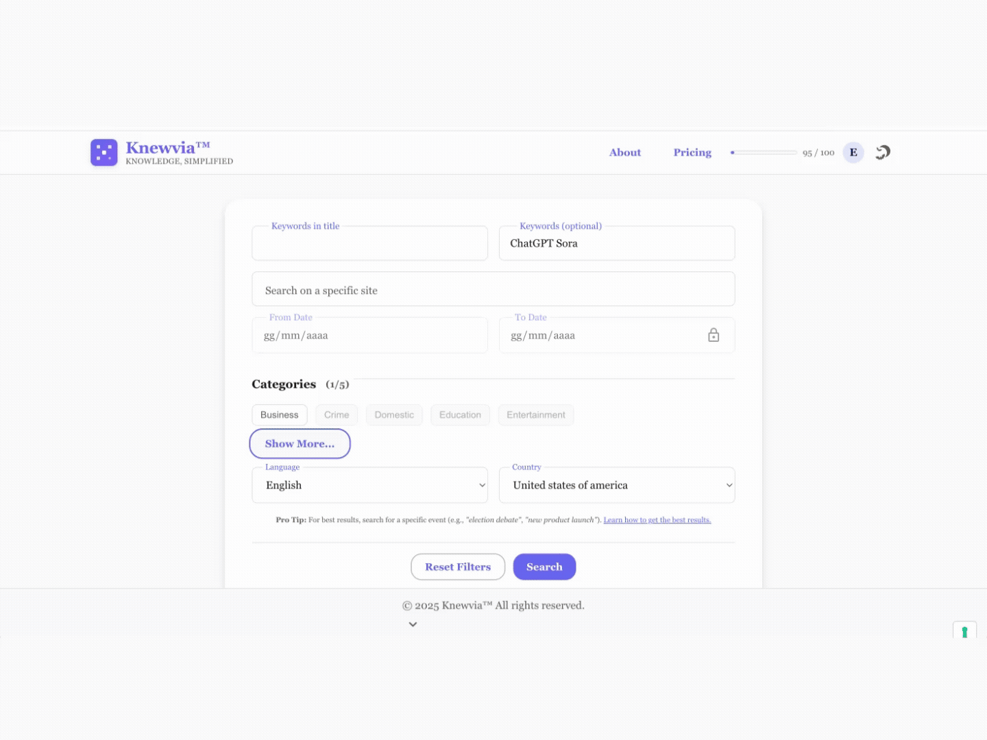 Demonstration of Knewvia's AI summarizing multiple news articles into a single brief.